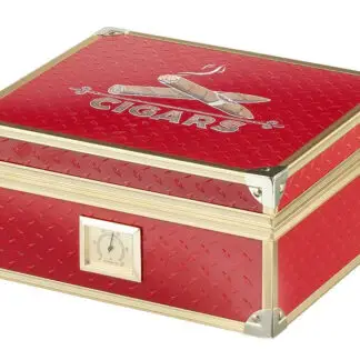 Humidor 40 szál szivar részére, cédrusfa szivar doboz, párásítóval, hygrométerrel - piros, aranyszínű fémkerettel, Angelo