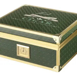Humidor 40 szál szivar részére, cédrusfa szivar doboz, párásítóval, hygrométerrel - zöld, aranyszínű fémkerettel, Angelo