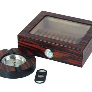 Achenty! Humidor 30 szivar részére, spanyol cédrusfa, üvegtetővel, párásító, hygrométer, Makassar + AJÁNDÉK szett