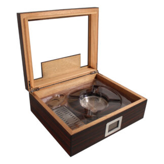 Humidor 30 szál szivar részére, spanyol cédrusfa szivar tároló doboz, üvegtetővel, párásító, hygrométer, barna-fekete + AJÁNDÉK szett