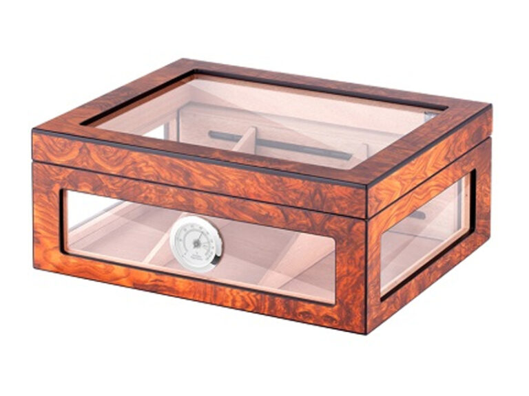 Gasztrohumidor 80 szál szivar részére, üvegtetővel, hygrométerrel és párásítóval - világosbarna, Angelo