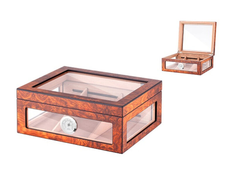 Gasztrohumidor 80 szál szivar részére, üvegtetővel, hygrométerrel és párásítóval - világosbarna, Angelo - Image 2