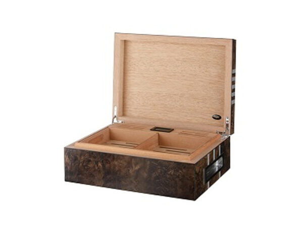 Humidor 50 szál szivar részére, spanyol cédrusfa szivar doboz, párásító, digitális hygrométer - lakkozott barna, ezüst mintával - Image 2