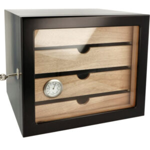 Humidor szekrény 80 szivar részére, 4 fiókkal, üveg ajtós, zárható,  külső higrométer, párásító - fekete, Angelo