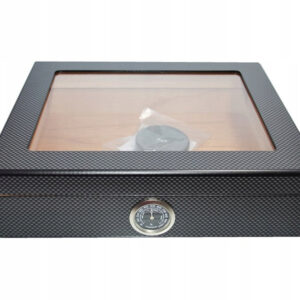 Humidor 30 szál szivar részére, spanyol cédrusfa szivar doboz, üvegtetős, párásítóval, hygrométerrel - Carbon