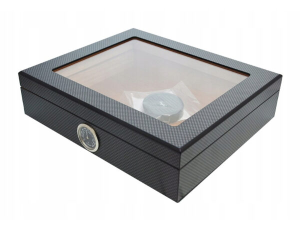 Humidor 30 szál szivar részére, spanyol cédrusfa szivar doboz, üvegtetős, párásítóval, hygrométerrel - Carbon - Image 3