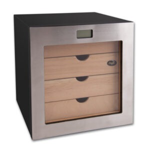 Humidor szekrény 80 szivar részére, kocka szivartartó szekrény, párásító, külső hygrometer - fémkeretes üvegajtó