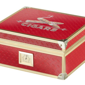 Humidor 40 szál szivar részére, cédrusfa szivar doboz, párásítóval, hygrométerrel - piros, aranyszínű fémkerettel, Angelo
