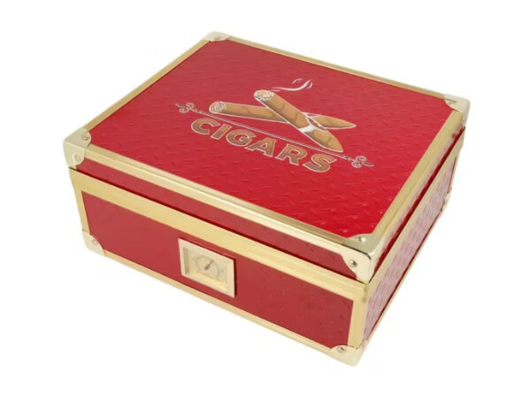 Humidor 40 szál szivar részére, cédrusfa szivar doboz, párásítóval, hygrométerrel - piros, aranyszínű fémkerettel, Angelo - Image 3
