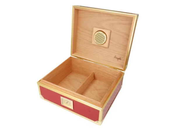 Humidor 40 szál szivar részére, cédrusfa szivar doboz, párásítóval, hygrométerrel - piros, aranyszínű fémkerettel, Angelo - Image 4