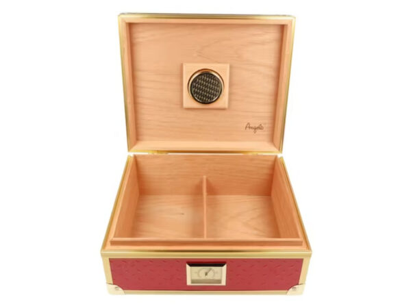 Humidor 40 szál szivar részére, cédrusfa szivar doboz, párásítóval, hygrométerrel - piros, aranyszínű fémkerettel, Angelo - Image 2