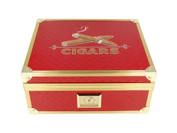 Humidor 40 szál szivar részére, cédrusfa szivar doboz, párásítóval, hygrométerrel - piros, aranyszínű fémkerettel, Angelo - Image 5