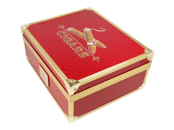 Humidor 40 szál szivar részére, cédrusfa szivar doboz, párásítóval, hygrométerrel - piros, aranyszínű fémkerettel, Angelo - Image 6