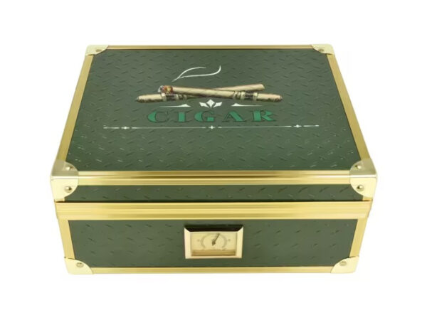 Humidor 40 szál szivar részére, cédrusfa szivar doboz, párásítóval, hygrométerrel - zöld, aranyszínű fémkerettel, Angelo - Image 3