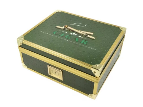 Humidor 40 szál szivar részére, cédrusfa szivar doboz, párásítóval, hygrométerrel - zöld, aranyszínű fémkerettel, Angelo - Image 4
