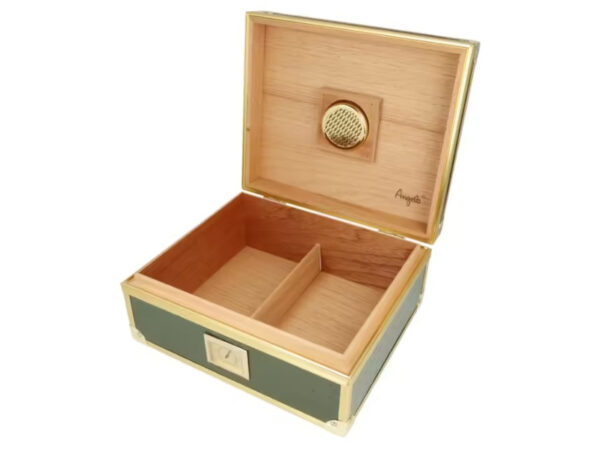 Humidor 40 szál szivar részére, cédrusfa szivar doboz, párásítóval, hygrométerrel - zöld, aranyszínű fémkerettel, Angelo - Image 2