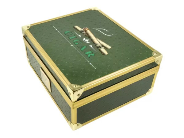 Humidor 40 szál szivar részére, cédrusfa szivar doboz, párásítóval, hygrométerrel - zöld, aranyszínű fémkerettel, Angelo - Image 5