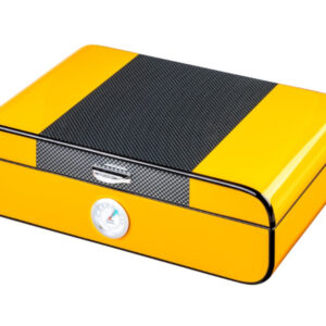 Humidor 50 szál szivar részére, cédrusfa szivar tároló doboz, párásítóval, külső hygrométerrel, carbo/sárga, ovál - Angelo