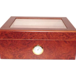 Humidor 50 szál szivar részére, spanyol cédrusfa szivar doboz, párásító, külső hygrométer - Bruyere-mintás, üvegtetős