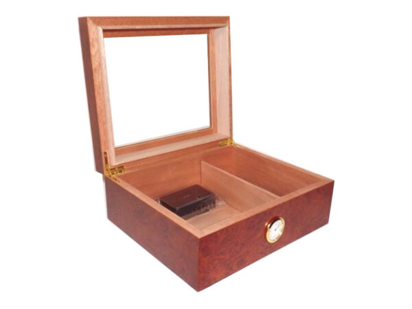 Humidor 50 szál szivar részére, spanyol cédrusfa szivar doboz, párásító, külső hygrométer - Bruyere-mintás, üvegtetős - Image 2