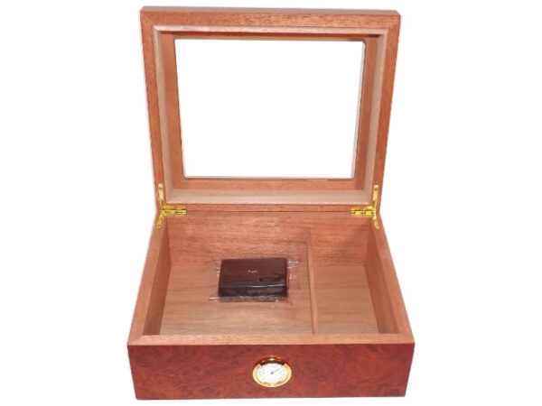 Humidor 50 szál szivar részére, spanyol cédrusfa szivar doboz, párásító, külső hygrométer - Bruyere-mintás, üvegtetős - Image 3