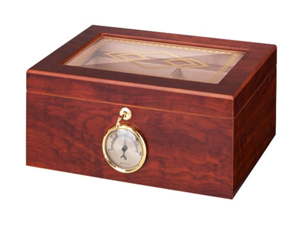 Humidor 50 szivar részére, barna, spanyol cedrusfa szivar doboz, párásító, külső hygrometer - mintás üvegtetős - Image 5