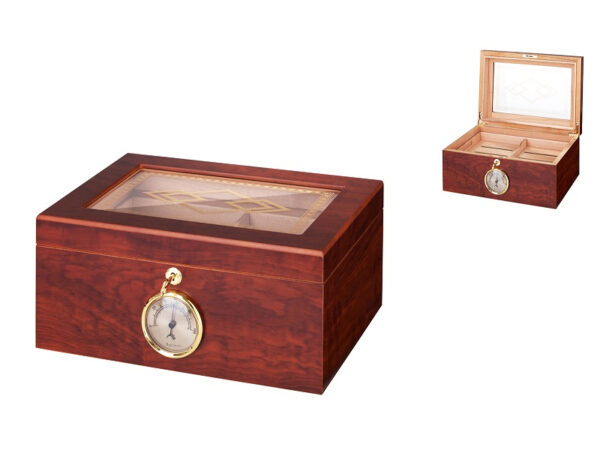 Humidor 50 szivar részére, barna, spanyol cedrusfa szivar doboz, párásító, külső hygrometer - mintás üvegtetős - Image 6