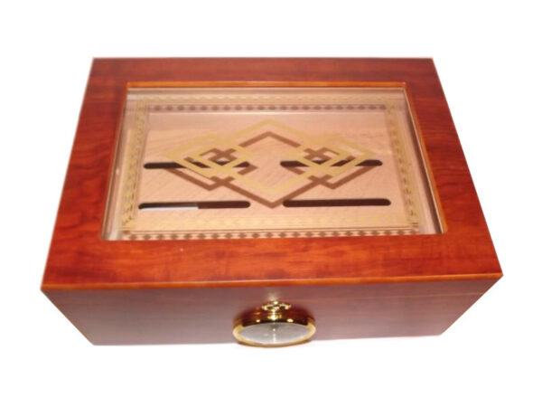 Humidor 50 szivar részére, barna, spanyol cedrusfa szivar doboz, párásító, külső hygrometer - mintás üvegtetős - Image 3