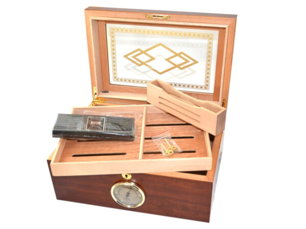 Humidor 50 szivar részére, barna, spanyol cedrusfa szivar doboz, párásító, külső hygrometer - mintás üvegtetős - Image 2