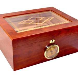 Humidor 50 szivar részére, barna, spanyol cedrusfa szivar doboz, párásító, külső hygrometer - mintás üvegtetős