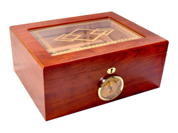 Humidor 50 szivar részére, barna, spanyol cedrusfa szivar doboz, párásító, külső hygrometer - mintás üvegtetős