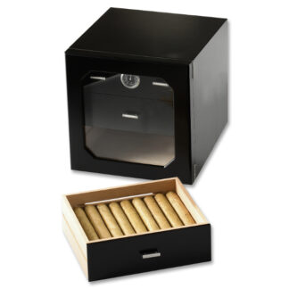 Humidor 80 szivar részére, fekete szivar tartó szekrény, külső hygrometer, üveg ajtó