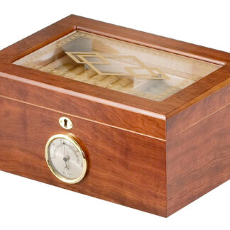 Humidor 50 szivar részére, barna színű cédrusfa szivar doboz, mintás üvegtetővel, külső hygrometerrel