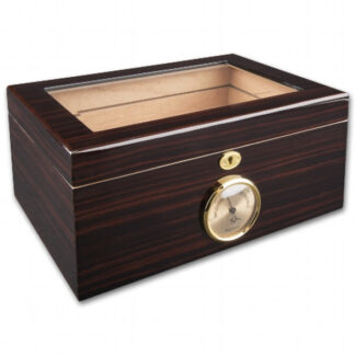 Humidor 60 szivar részére, cedrusfa szivar doboz, üvegtetővel, hygrometerrel - ébenfa