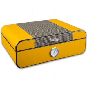 Humidor 30 szál szivar részére, szivartartó doboz, párásító, külső hygrométer - Carbon-bevonatos, sárga