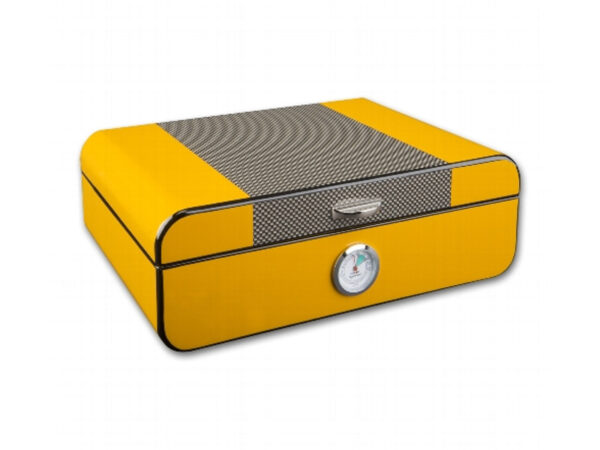 Humidor 30 szál szivar részére, szivartartó doboz, párásító, külső hygrométer - Carbon-bevonatos, sárga