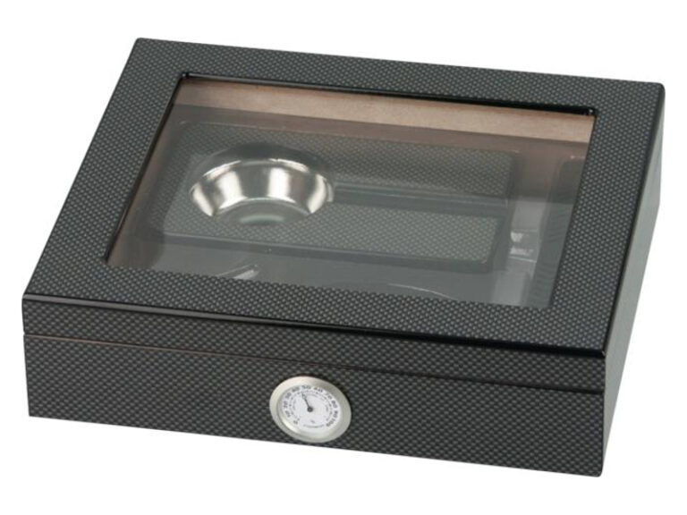 Humidor 20 szál szivar részére, cédrusfa szivar doboz, üvegtető, párásítóval, hygrométerrel - carbon