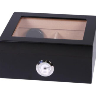 Humidor 30 szál szivar részére, matt fekete cédrusfa szivar doboz, üvegtetővel, párásítóval, külső hygrométerrel