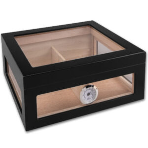 Humidor 60 szál szivar részére, spanyol cédrusfa szivar doboz, hygrométer, párásító - üvegtetős, fekete