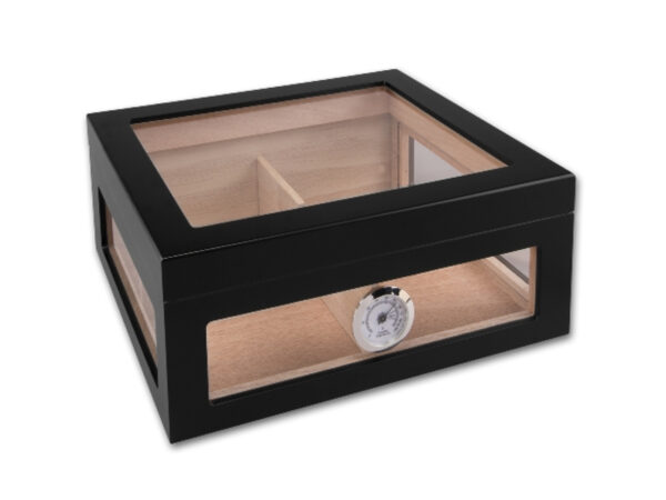 Humidor 60 szál szivar részére, spanyol cédrusfa szivar doboz, hygrométer, párásító - üvegtetős, fekete