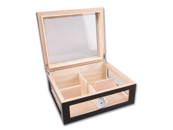 Humidor 60 szál szivar részére, spanyol cédrusfa szivar doboz, hygrométer, párásító - üvegtetős, fekete - Image 2