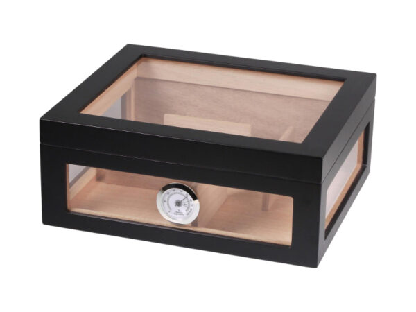 Humidor 60 szál szivar részére, spanyol cédrusfa szivar doboz, hygrométer, párásító - üvegtetős, fekete - Image 3