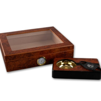 Humidor 40 szál szivar részére, üvegtetős cédrusfa szivar tároló doboz, párásítóval, hygrométerrel, gyökérmintás + AJÁNDÉK szett - Achenty!