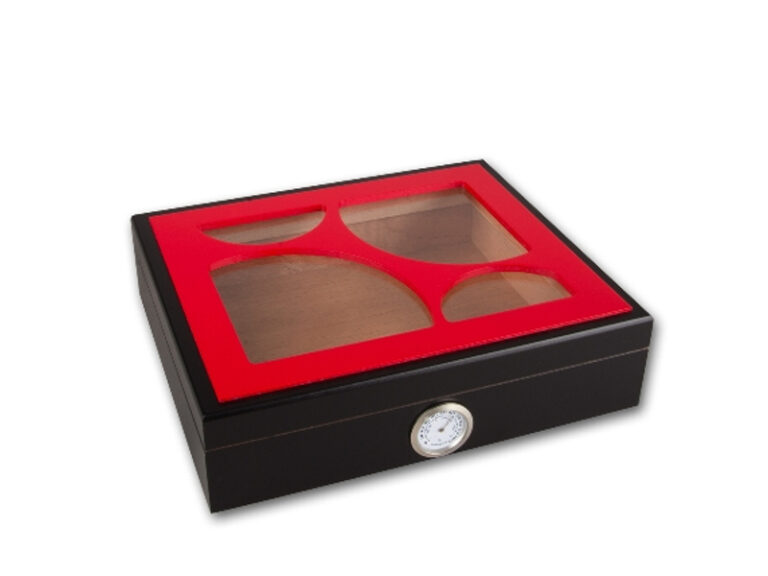 Humidor 30 szál szivar részére, cédrusfa szivar doboz, üvegtető, párásítóval, hygrométerrel - fekete