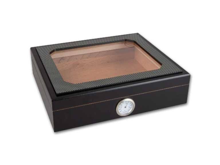 Humidor 30 szál szivar részére, cédrusfa szivar doboz, üvegtető, párásítóval, hygrométerrel - Carbon