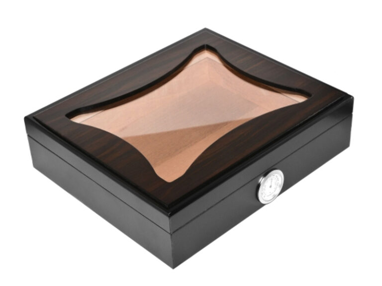 Humidor 30 szál szivar részére, cédrusfa szivar doboz, üvegtetős, párásítóval, hygrométerrel - ébenfa