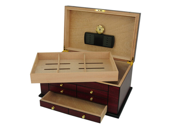 Humidor 80 szál szivar részére, spanyol cédrusfa szivartartó doboz, kulccsal zárható, párásító, hygrometer - Cherry - Image 4