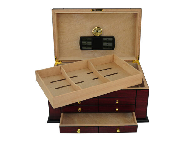 Humidor 80 szál szivar részére, spanyol cédrusfa szivartartó doboz, kulccsal zárható, párásító, hygrometer - Cherry - Image 3