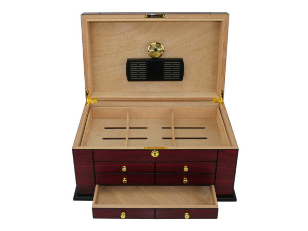 Humidor 80 szál szivar részére, spanyol cédrusfa szivartartó doboz, kulccsal zárható, párásító, hygrometer - Cherry - Image 2