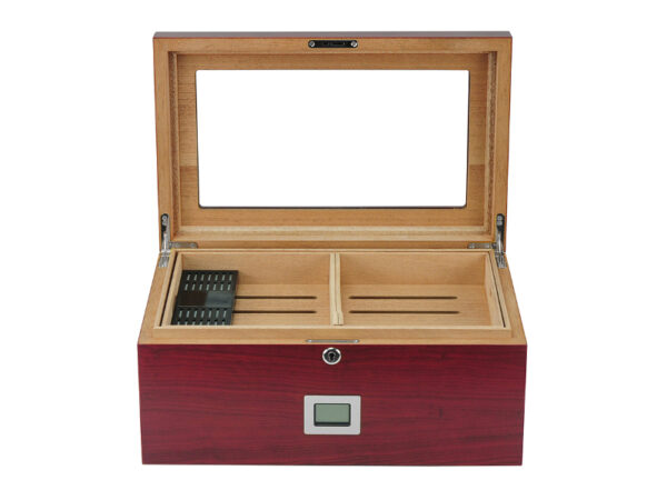 Gasztro humidor 80 szál szivar részére, üvegtetős spanyol cédrusfa szivartartó doboz, kulccsal zárható, párásító, hygrometer - Cherry - Image 2